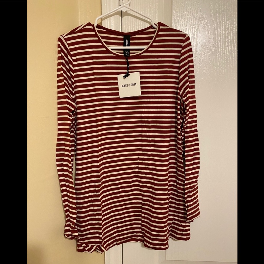 LAST! Size XS- Fitted Tee, L/S —red/ivory stripe